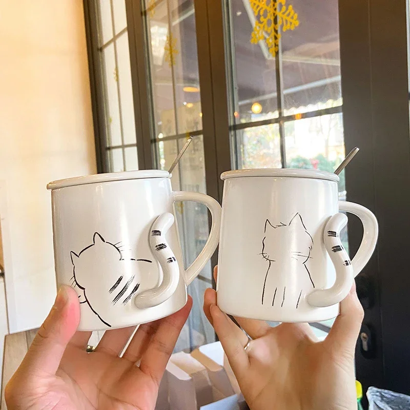 360ML Cute Cat Coffee Mug with Lid Ceramic Heat-resistant Milk Juice Water Cup Breakfast cup Unique Girl ‘s Gifts Weird Straw