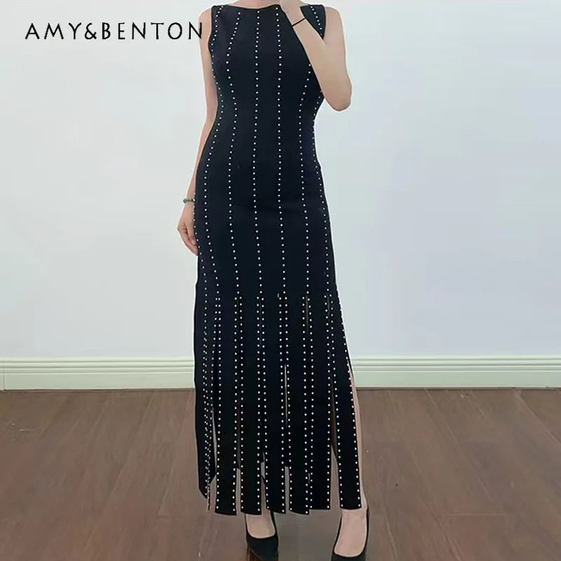 

Autumn New Rivet Decorated Hem Tassel Elegant Fashion Women's Clothing Gothic Design Dark Slimming Sleeveless Dresses Ladies