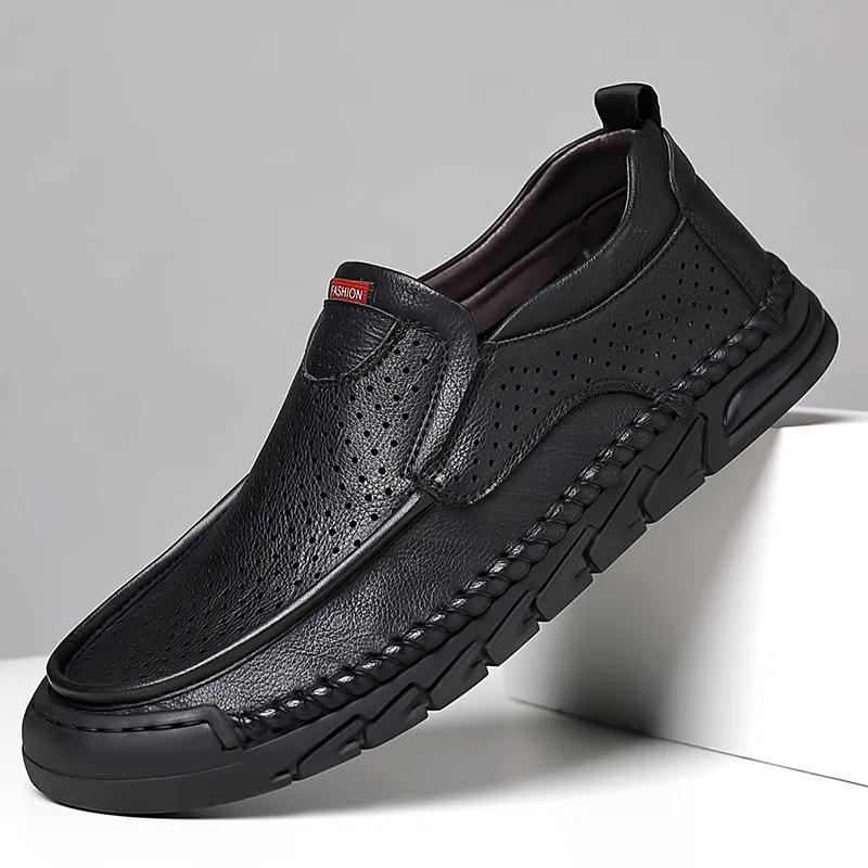 

2024, весна-лето, новые мужские кожаные сандалии Hallow, модная повседневная однотонная дизайнерская обувь, мужская дышащая легкая деловая обувь