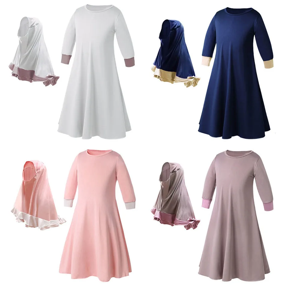 Girls Casual Dresses Girls Ethnic Style Long Sleeved Round Neck Color Matching Dress+Bow Headscarf Set Children Clothing Set