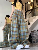 Novedad de verano, pantalones informales a cuadros con bloques de Color Vintage para mujer, pantalones largos holgados de pierna ancha, pantalones largos informales versátiles a la moda