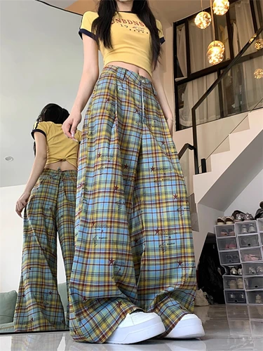 Novedad de verano, pantalones informales a cuadros con bloques de Color Vintage para mujer, pantalones largos holgados de pierna ancha, pantalones largos informales versátiles a la moda