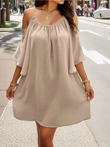 Imagen 1 del producto Vestido informal de verano de talla grande 1XL-5XL para mujer, vestido elegante de Color sólido con hombros descubiertos, vestido bonito de ajuste relajado para mujer