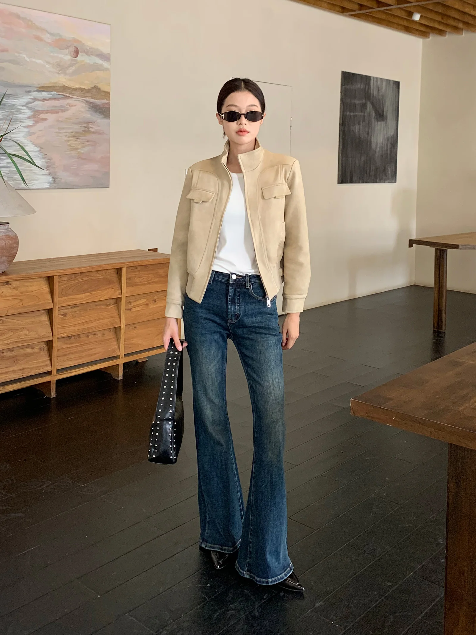 

Retro Suede ort Biker Jaet Women's Casual Slim Fit Korean Sle Warmth Inner Du down Filled Zipper Closure Color