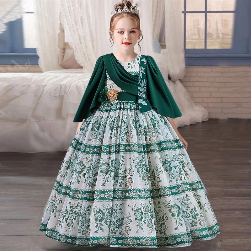 Girls\' chiffon retro princess dress 4-12 years old flower embroidery long dress banquet host fashion high-end performance dress