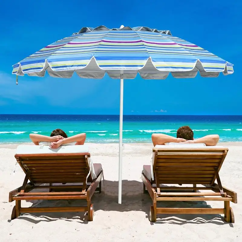 

8FT Portable Beach Umbrella with Sand Anchor and Tilt Mechanism for Garden and Patio-Blue