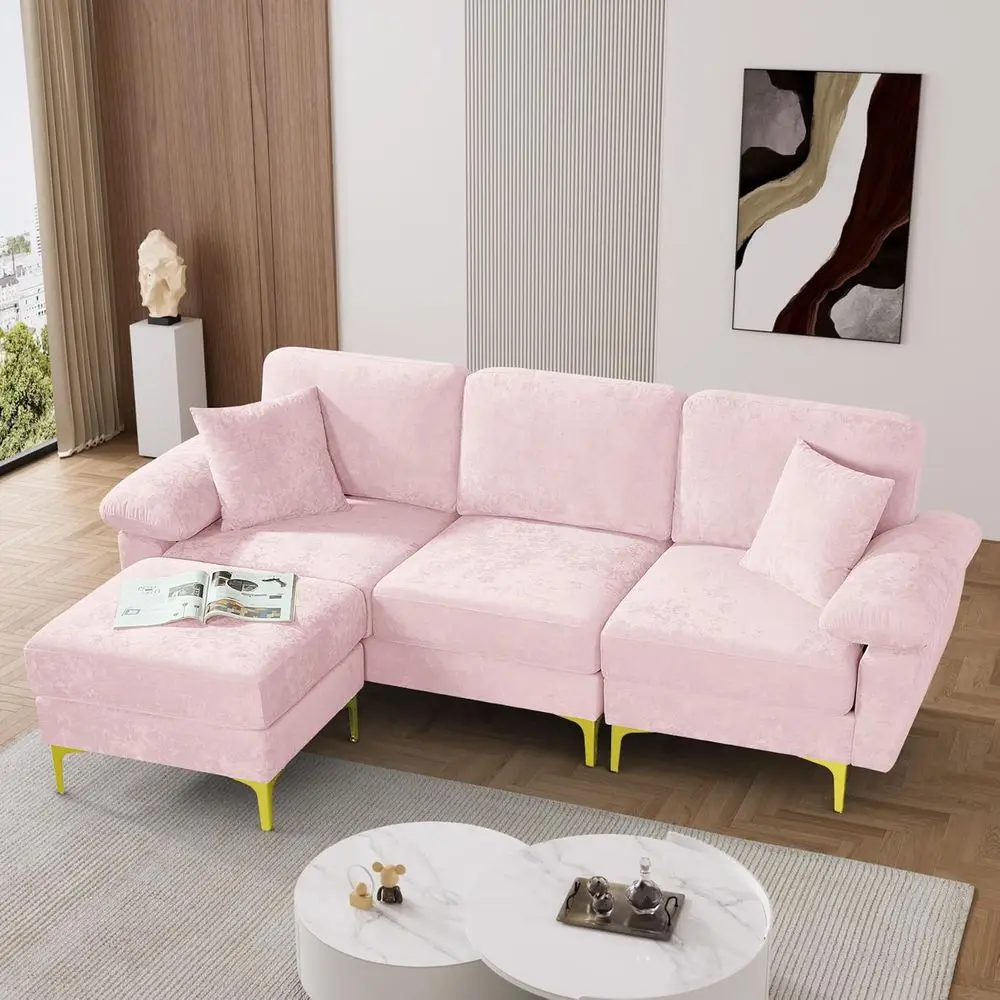 

91 Pink Velvet 3-Seat L-Shape Sofa with Ottoman & Pillows for Cozy Living Room