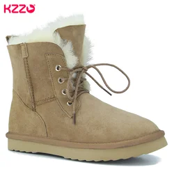 KZZO Women New Fashion Short Casual Lace-up Snow Boots Real Sheepskin Suede Leather Natural Wool Fur Lined Winter Warm Shoes