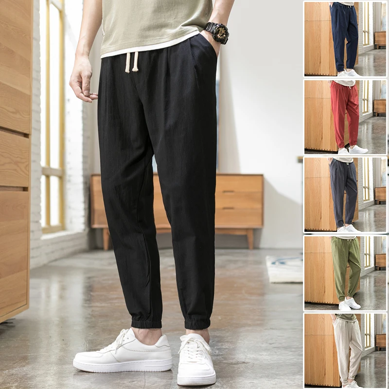 

Summer Linen Pants Men's Casual Long Loose Straight Nine-Piece Cotton-Linen Breathable Thin Youth Faionable Harajuku Sle