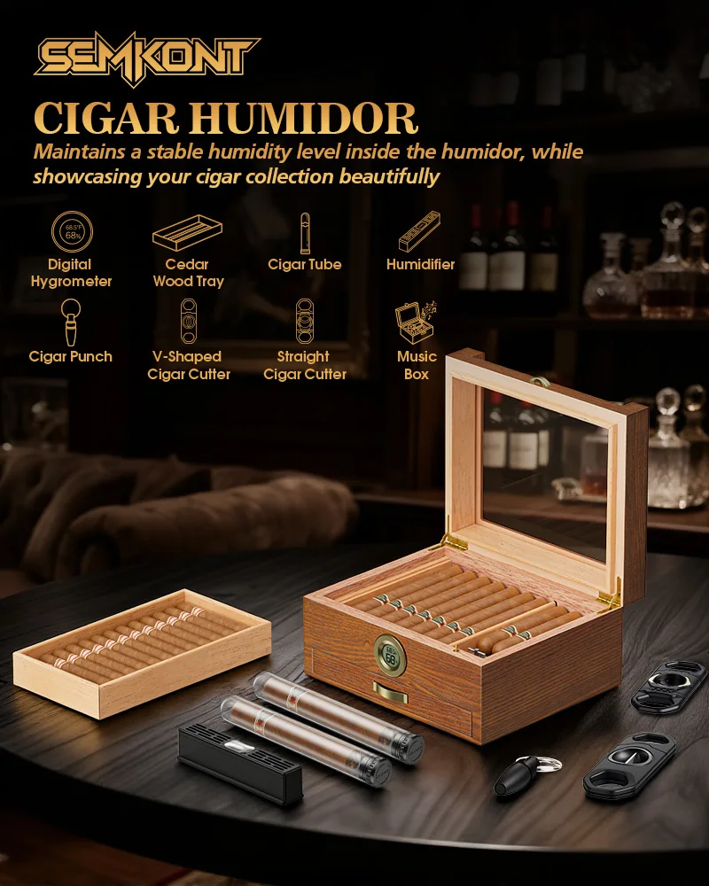 Cigar Humidor with Built-in Music Box System and Cedar Wood Tray-Transparent Top Desktop Humidor,Digital Hygrometer & Humidifier