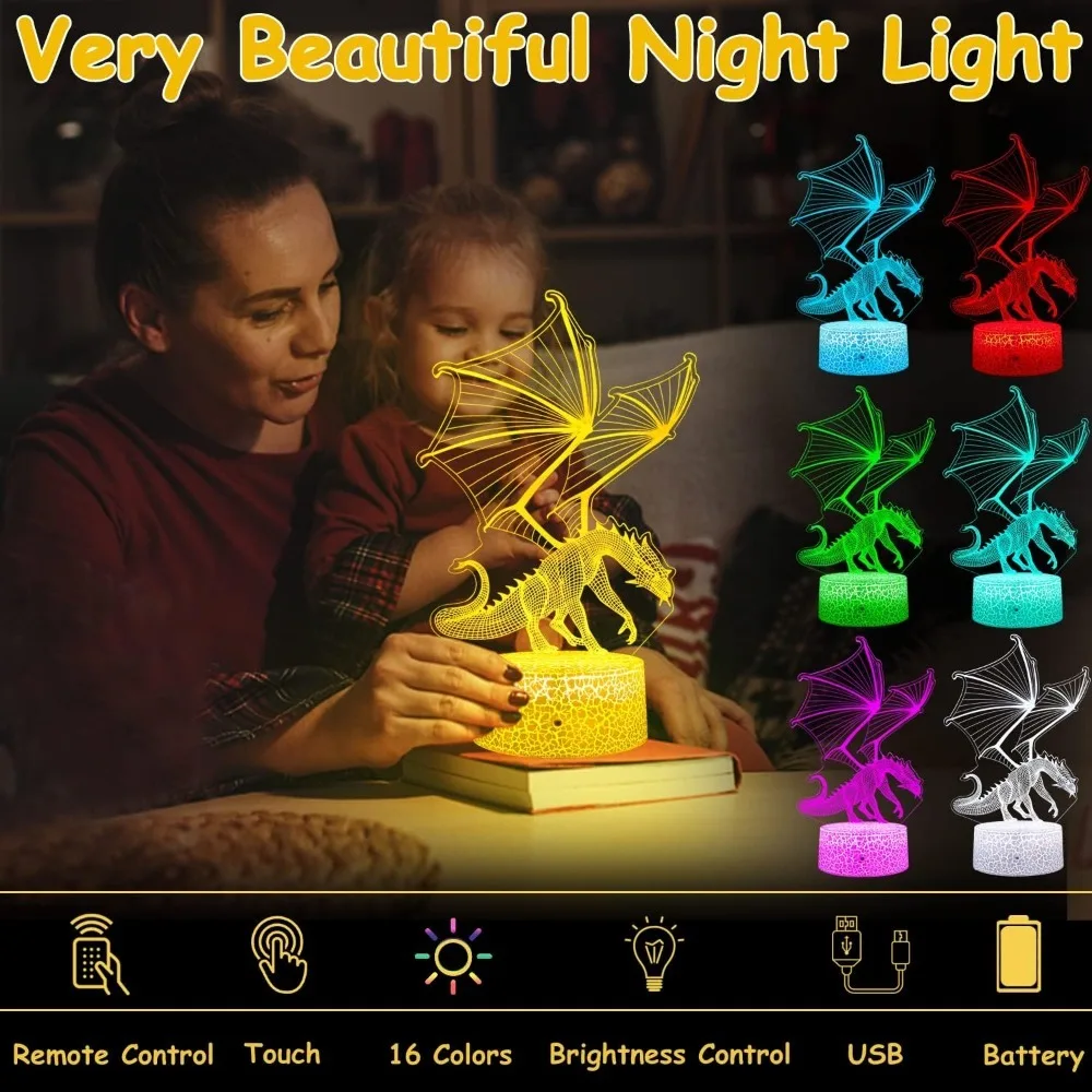 Nighdn-Dragon Night Light para Crianças, Lâmpada 3D Ilusionista, Luminária de Mesa, Decoração de Quarto, Presente de Natal e Aniversário, Meninos e Meninas, 7 Cores