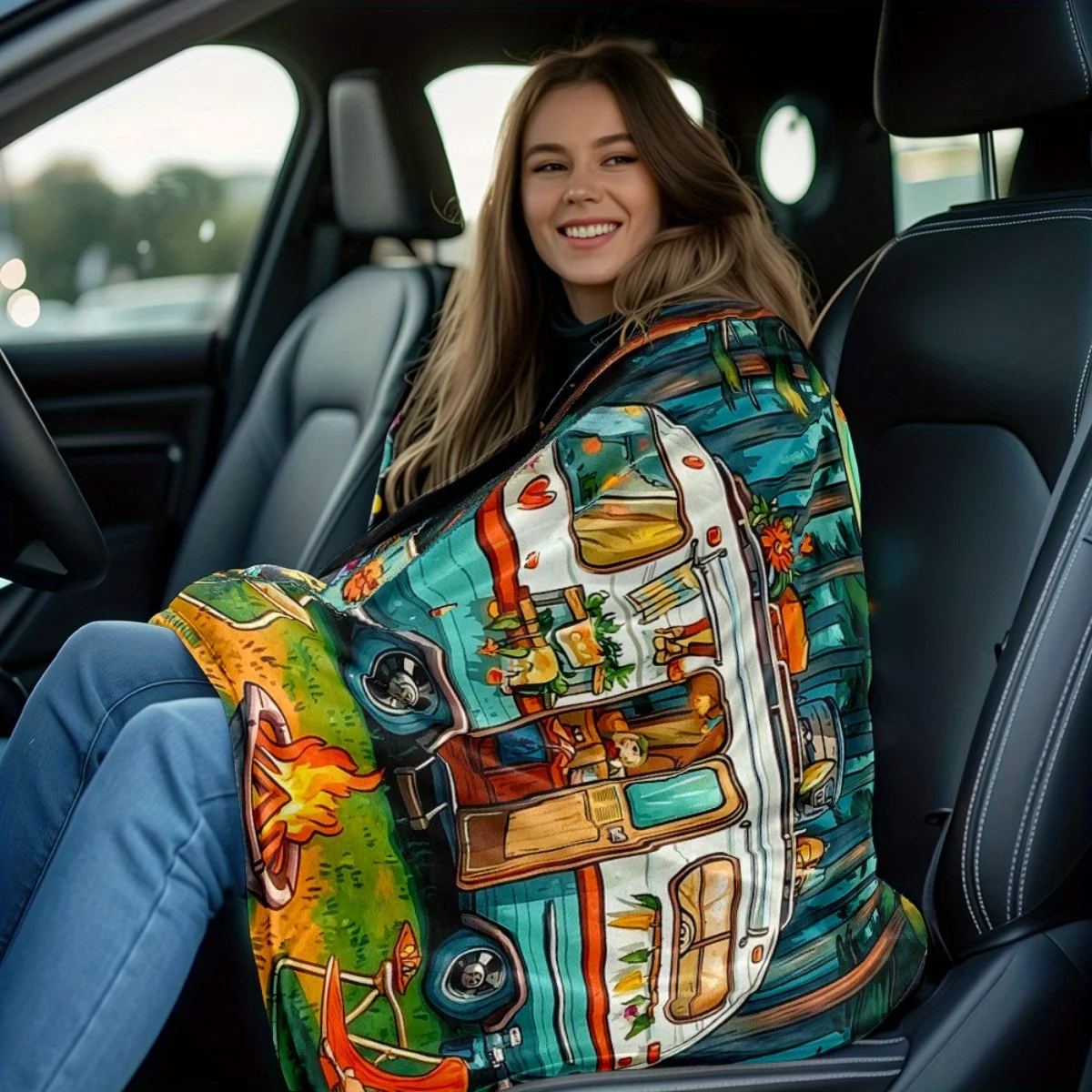 1pc Camper in camping scene Portable Blanket- Lightweight Throwfor Sofa, Travel, Camping, Livingroom, Office, Couch, Chair, and