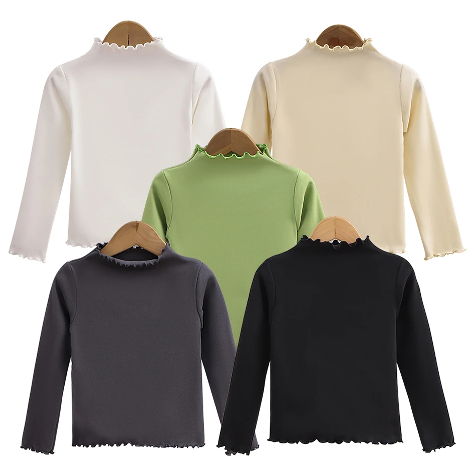 Chic Elegance Solid Color Ruffle Edges Long Sleeve Details T-Shirts Suitable Little Girls Layering in Autumn Winter Cold Weather