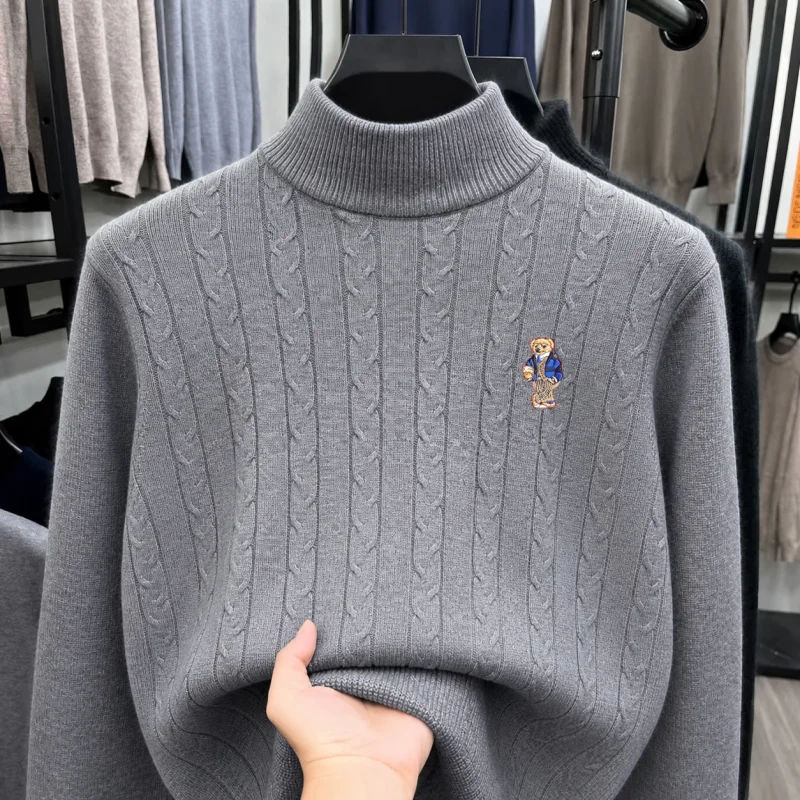 Herren Herbst- und Winter-Langarm-Pullover mit Bären-Stickerei, Einfarbig, Halbhoher Kragen, Gestrickter Pullover, Vielseitige Herrenbekleidung – Detail 5