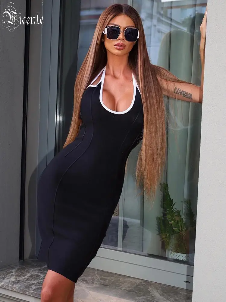 

VC Черное облегающее платье миди с бретелькой на шее 2026, женское вечернее платье без рукавов с контрастной отделкой, облегающее клубное платье с вырезами, вечернее платье