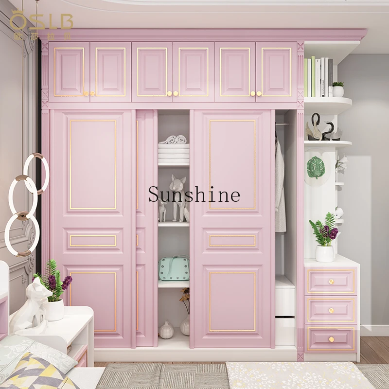 

Princess Pink Girl Wardrobe American Children's Room Light Luxury Solid Wood Sliding Door Multifunctional Storage