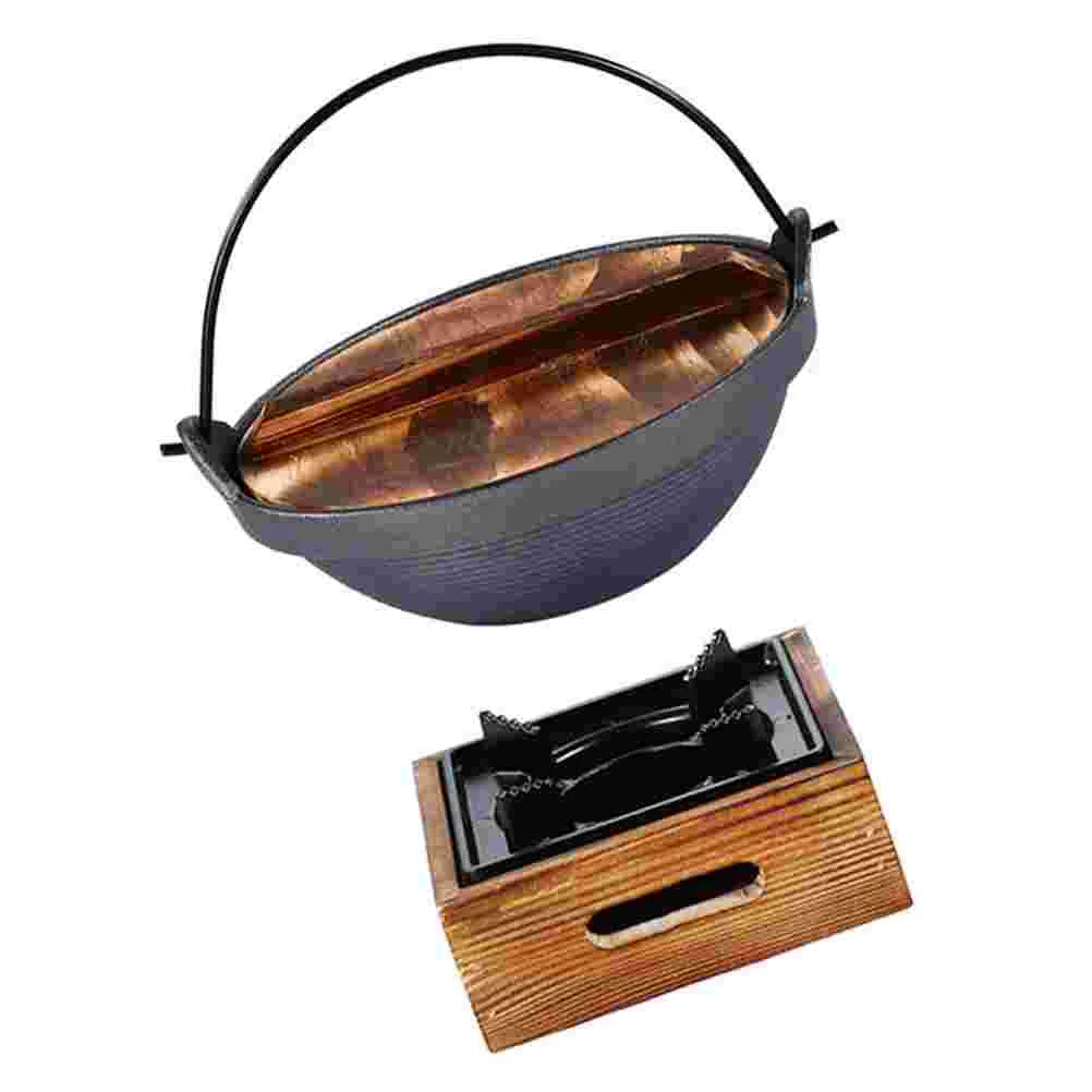 Sukiyaki Cooking Pan Durable Soup Pot Iron Oven Outdoor Picnic Cookware Wooden Hanging