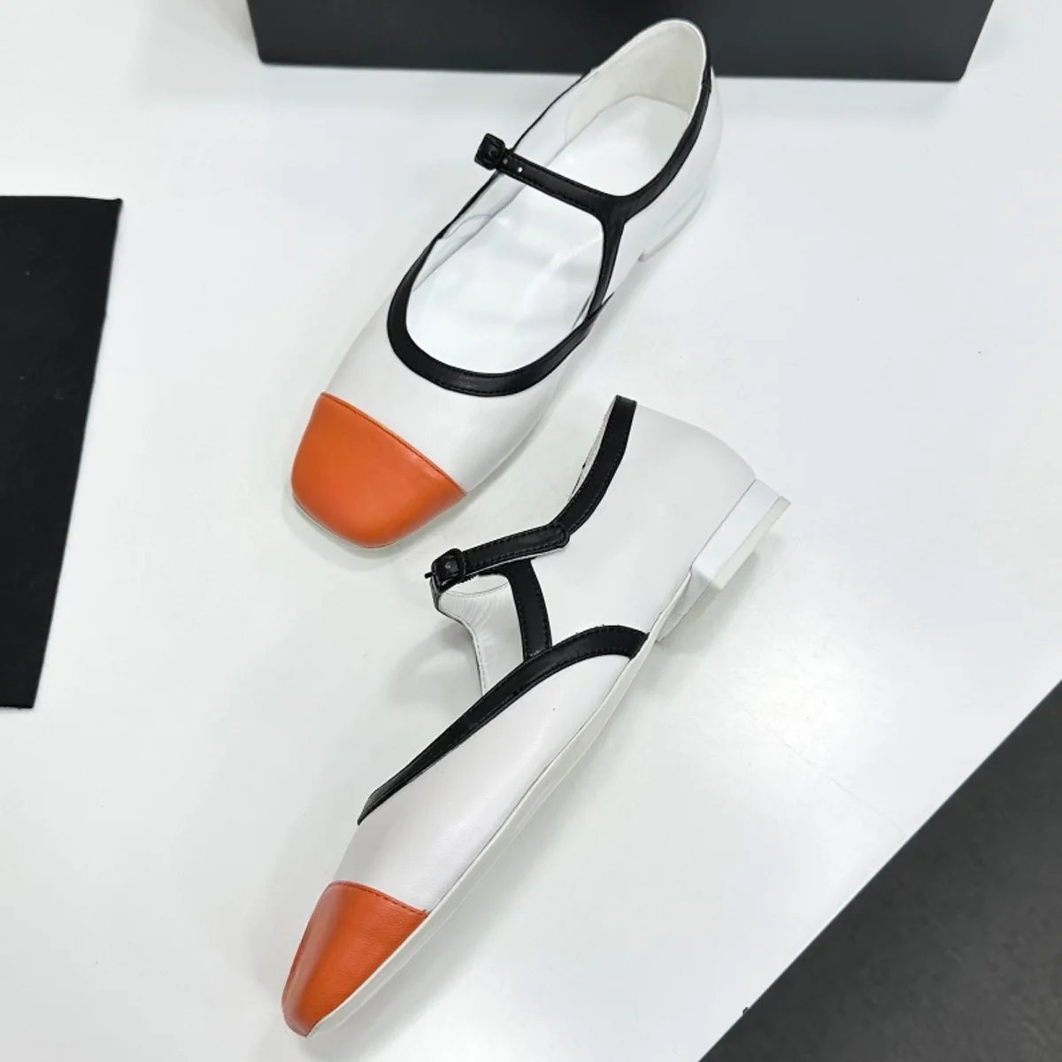Zapatos Planos Mary Jane de Piel Genuina Bicolor con Correa en T para Mujer 2026, Elegantes Zapatos sin Cordones de Punta Cuadrada para Oficina y Citas YYT26051698