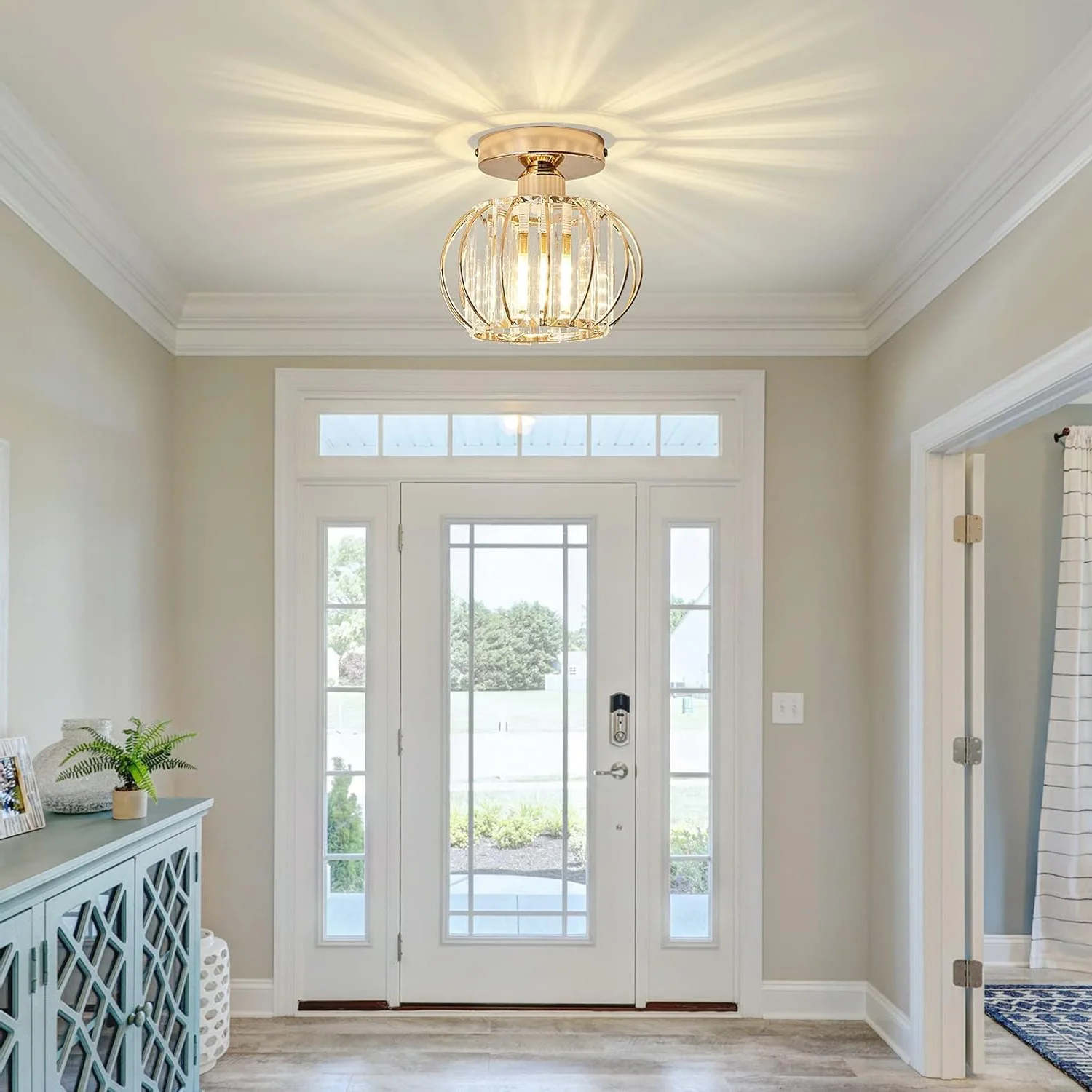 مصباح سقف كريستالي، مصباح سقف صغير E27، إضاءة سقف معدنية، إضاءة داخلية شبه راحة (ذهبي، لمبة غير متضمنة) #6