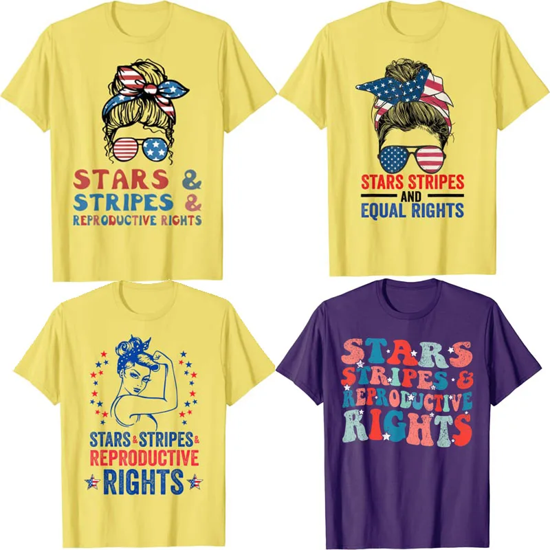 Stars Stripes and Equal Rights Reproductive Right Messy Bun T-Shirt Patriotic 4th of July USA Flag Shirts Pro Choice Clothes