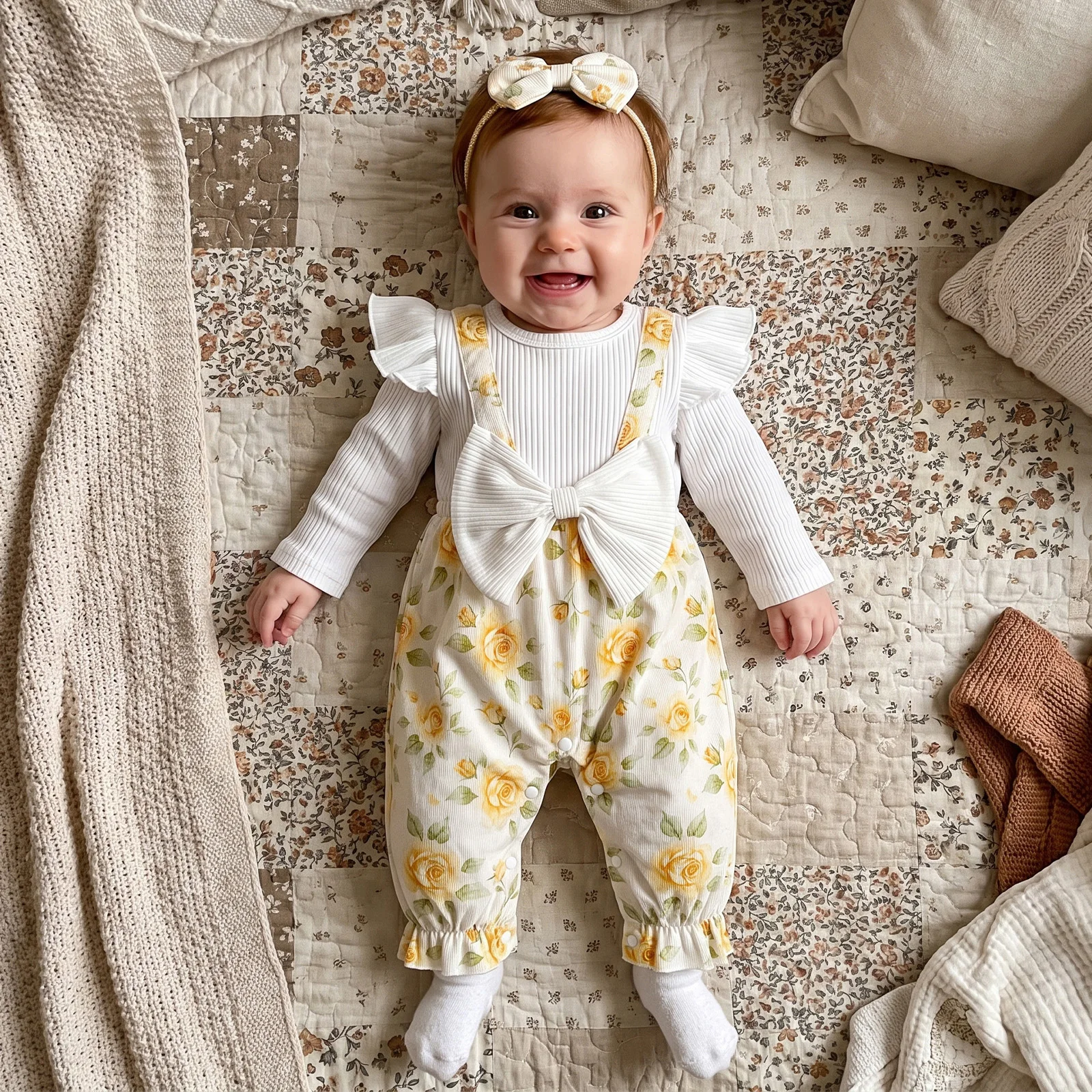 Baby Girl Floral Romper Ruffle Sleeve Big Bow Front Ribbed Jumpsuit with Headband Newborn Autumn Boho Outfit Clothes