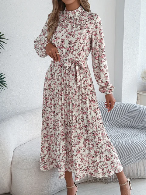 Floral Stand Up Collar Bridesmaid Dress 2026 Spring Summer Elegant Long Sleeve Waist Cinched Pleated Dresses Valentine's Day