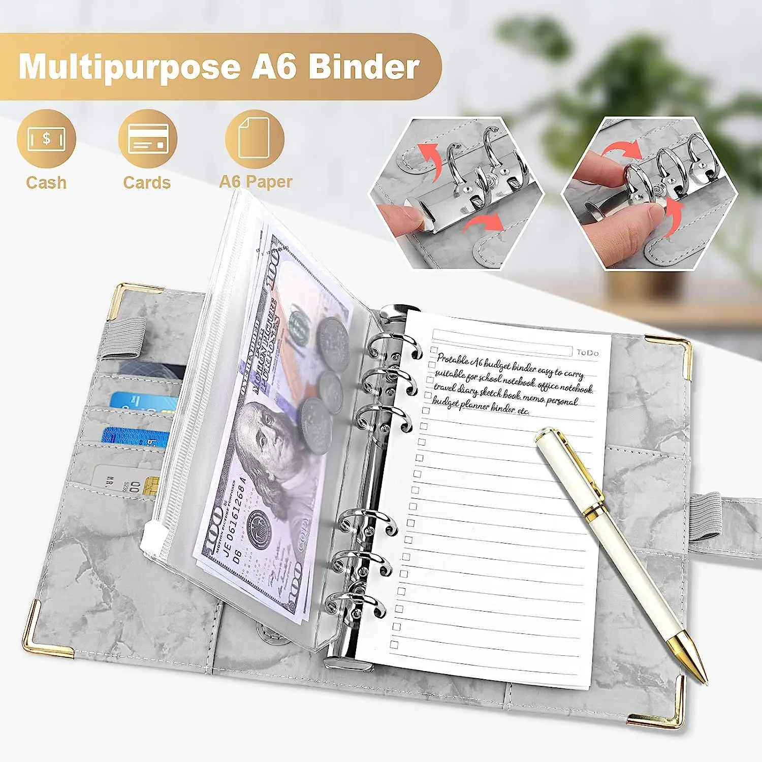 A6 PU Leather Marble Notebook Binder Budget Planner Money Organizer for Cash Savings with 6 Zipper Envelope Pockets & Stickers