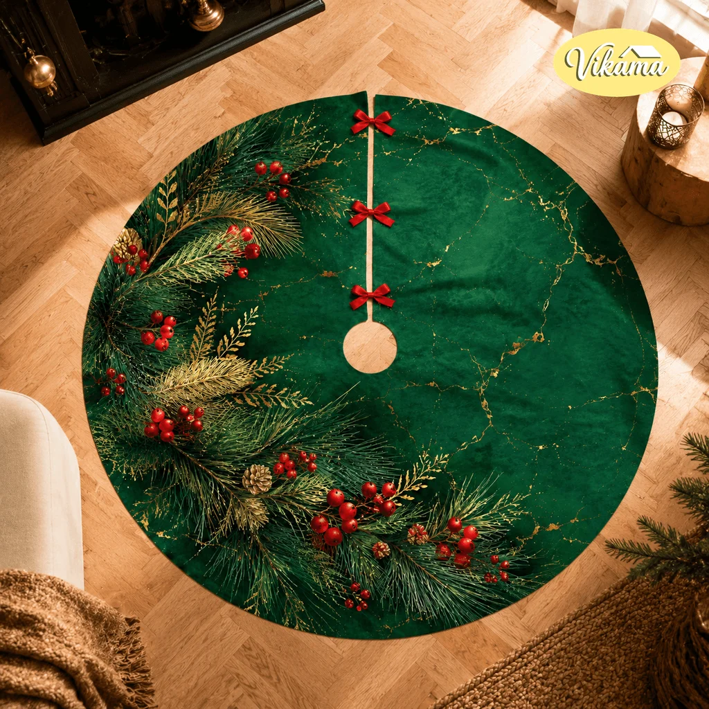 Christmas Tree Skirt Navy Gold Deer Stockings Gifts Bells Wreath Print, Tree Base Cover Cozy Holiday Home Decor