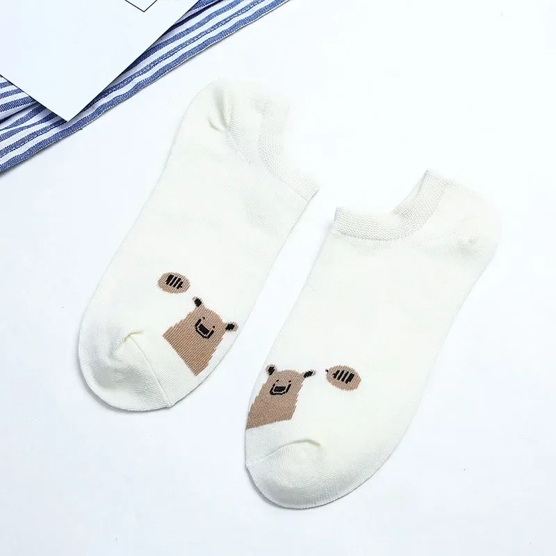 Modne krótkie skarpetki do kostki damskie letnie niedźwiedzie skarpetki w łódkę kreskówka ze zwierzętami śliczne skarpetki Kawaii bawełniane oddychające wiosenne Harajuku