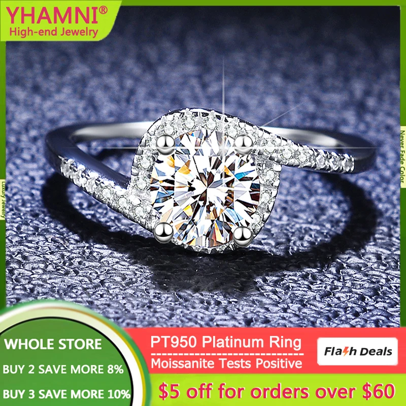 

YHAMNI Original PT950 Platinum Rings for Women Round 1 Carat D Color VVS1 Diamond Moissanite Wedding Rings Vintage Fine Jewelry