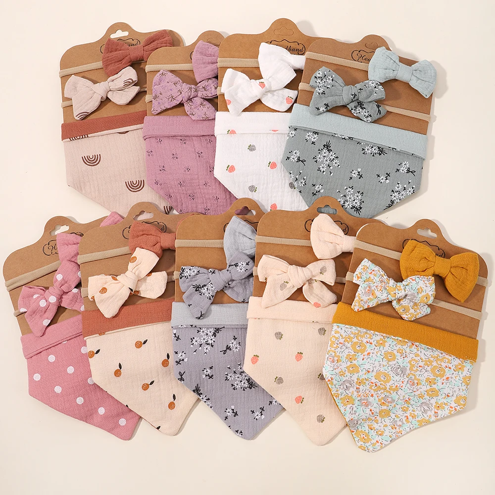 3Pcs/Set Muslin Cotton Print Bib Newborn Bows Headband Triangle Saliva Towel Infant Boy Girl Feeding Burp Baby Hair Accessories