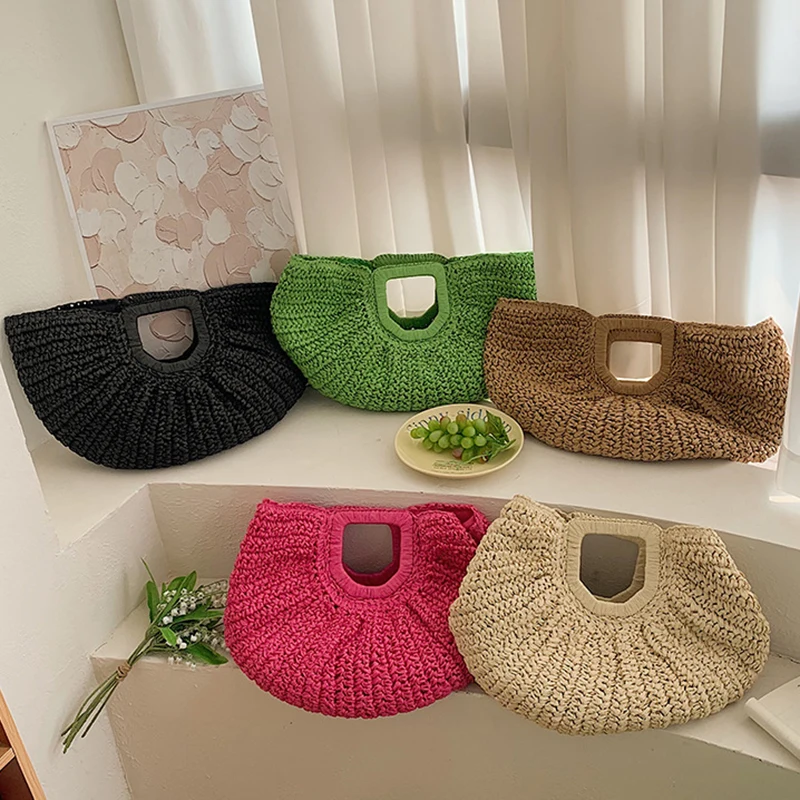 Straw Handbags For Women Handmade Half-moon Bag Casual Style Beach Bag Basket Casual Bucket Bag Purse Totes