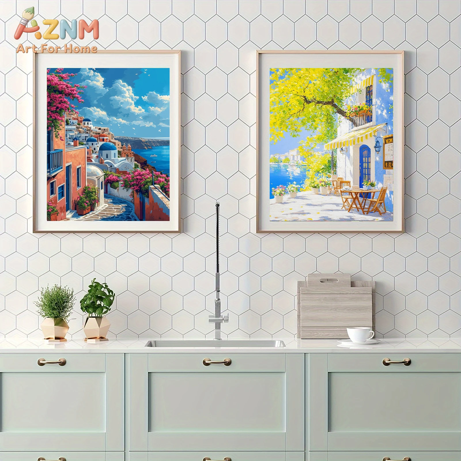 AZNM Santorini Greece Coastal Town Canvas Wall Art, Mediterranean Seaside Village Oil Painting Print, Unframed Greek Island Scen