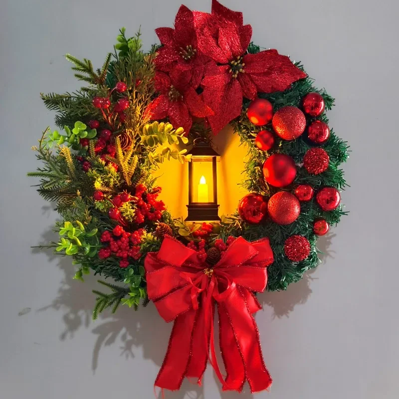 Christmas Wreath With Lamp Bow Ball Big Red Flower Navidad Party Wall Door Window Fireplace Staircase Balcony Garden Wreath 2024