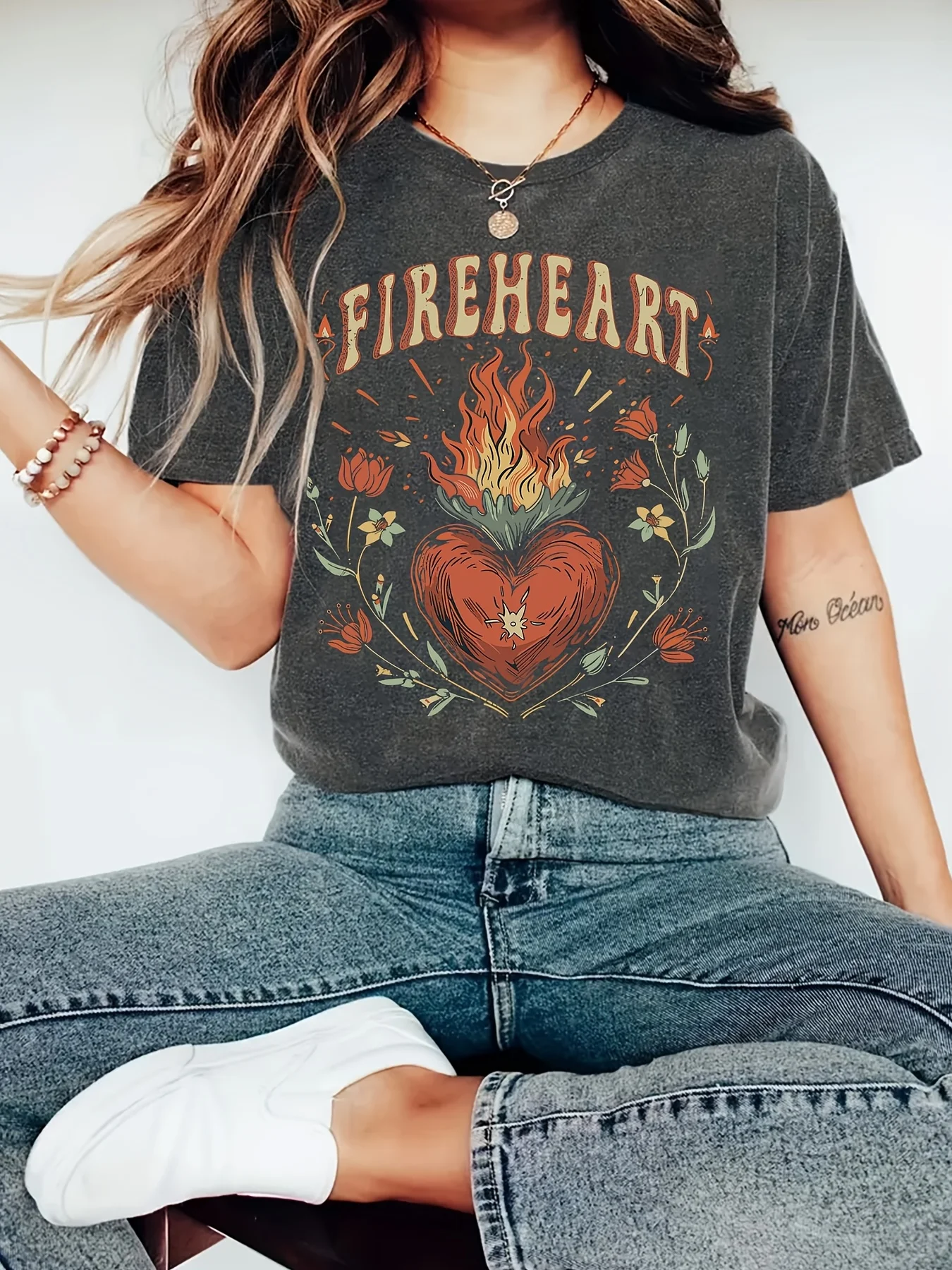 

Женская футболка больших размеров в стиле ретро с принтом сердца и пламени, хлопковая дышащая модная и универсальная уличная одежда унисекс большого размера