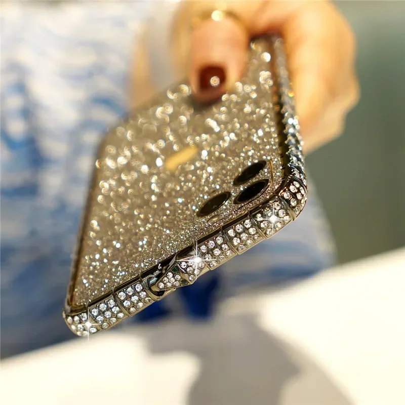 Rhinestone Crystal Diamond Metal Bumper Phone Case For iPhone 14 Plus 12 Mini 13 11 Pro XS Max XR X With Glitter Back Film Cover