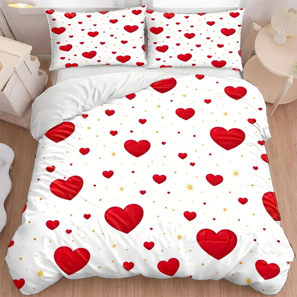 3Pc Heart-Printed Duvet Cover Set, Three-Piece Bedding Set (1*Duvet Cover + 2*Pillowcases), Suitable for All Seasons, Machine Washable, with Invisible Zipper, Large Double Bed Cover, Suitable for Home, Dormitory, Master Bedroom, Guest Room, Romantic Red Heart and Star Pattern, Skin-Friendly and Comfortable Bedding Set, Stylish and Cozy Bedding Set, 2D Flat Print