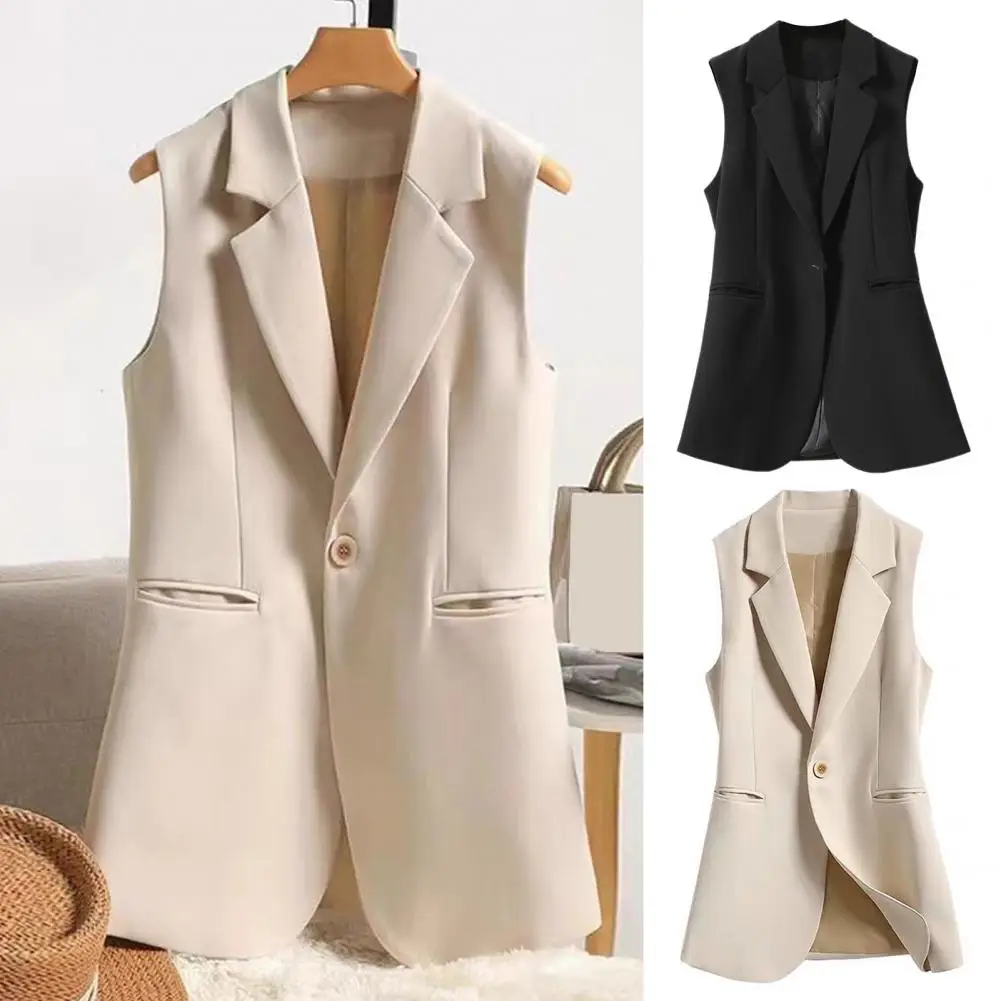 1Pc Lapel Women Summer Suit Vest Sleeveless Pockets Design Single Button Waistcoat Soft Slim Fit Work Office Style Vest Coat