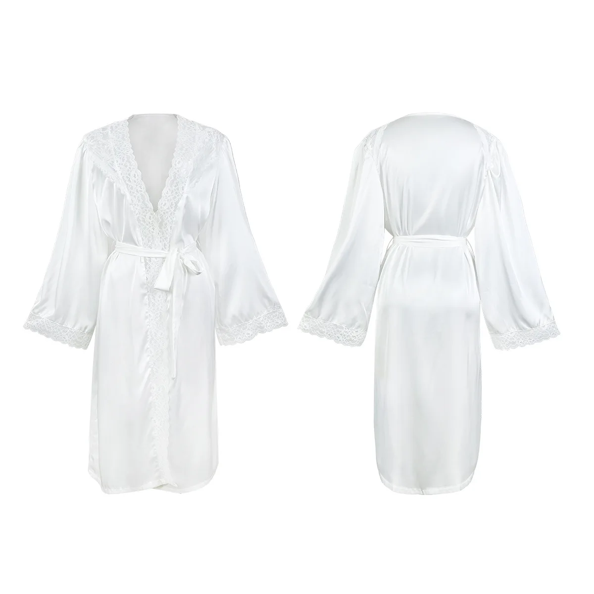 Wedding Bride Dress White Lace Trim Bathrobe Sleepwear Women Satin Kimono  Elegant Nightgown Long Sleeve Home Dressing Gown