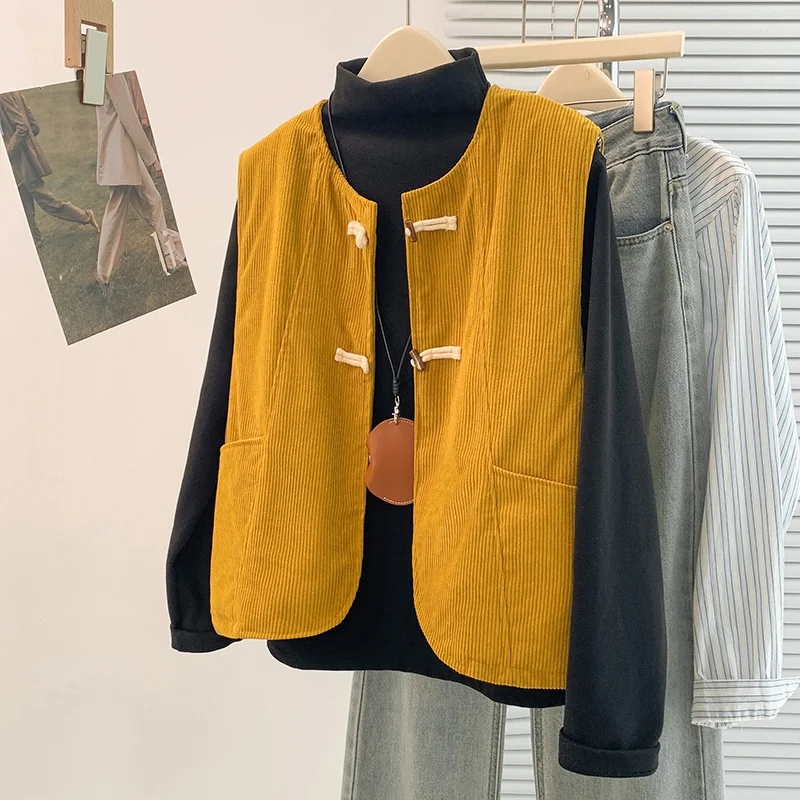 

Corduroy Vest Outerwear Autumn Winter Vintage Warm Svel Loose Fitting Chinese Sle Top Women's Faion Casual Wear
