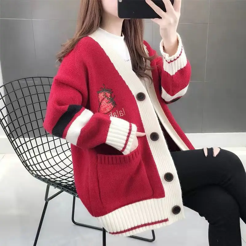 2023 Autumn and Winter New Women\'s Korean Edition Loose Mesh Red Knitted Cardigan Coat Lazy and Fashionable Sweater Outwear