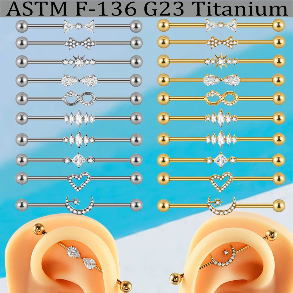 1/2 Uds G23 titanio sólido 14G barra larga industrial con luna y estrella corazón Marquesa CZ Zirconia Piercing hélice pendiente joyería del cuerpo