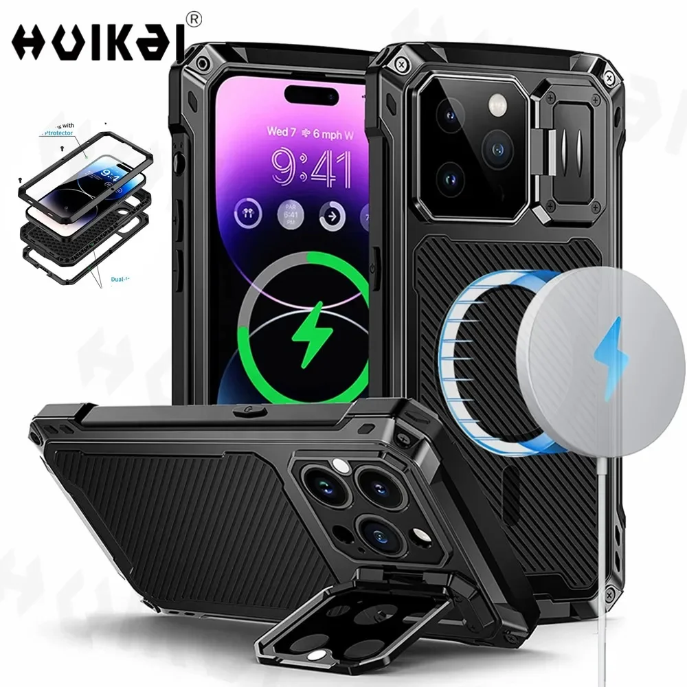 Metal Rugged Case For iPhone 15 Pro Max 14 Pro empered Glass Screen Protector Camera Protection Armor MagSafe Magnetic Covers