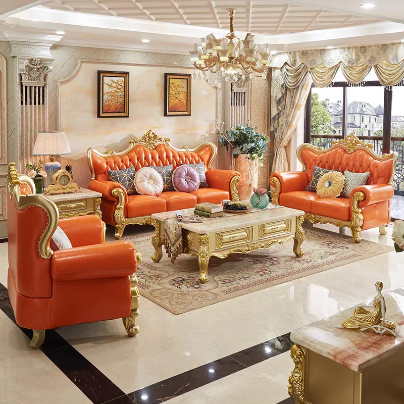 HTSofa leather living room double-sided carved home solid wood sofa champagne gold Ready to ship and purchase with peace of mind