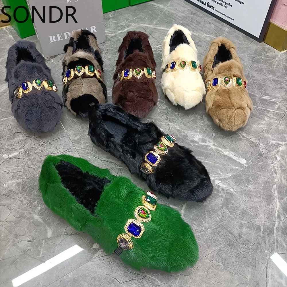 Womens Real Mink Fur Rainbow Colors Loafers Rhinestones Crystal Chain Flats Shoes Diamonds Luxury 7Colors New 2024