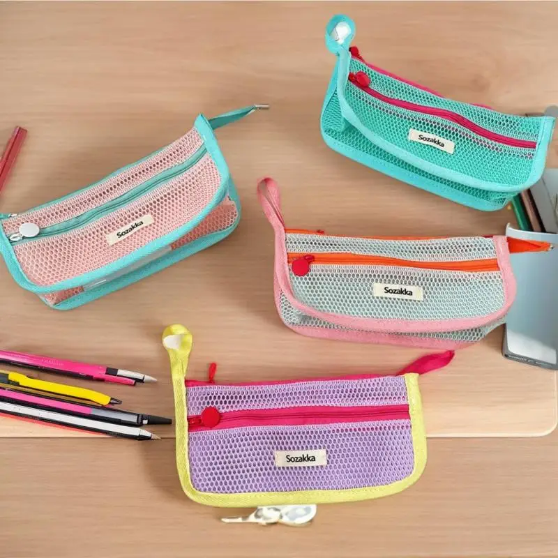 多用途のかわいいメッシュペンシルポーチ、コントラストカラーの大容量収納バッグ。