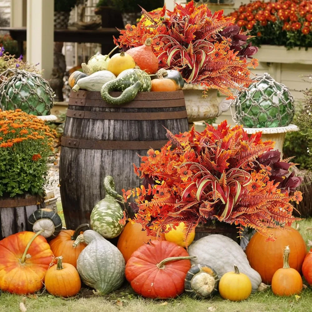 16 عناقيد من نباتات الزهور المزيفة للخارجية ديكور الخريف زهور اصطناعية مقاومة للأشعة فوق البنفسجية خشب البقس فو الخريف البرتقالي البخاخ القيقب #2