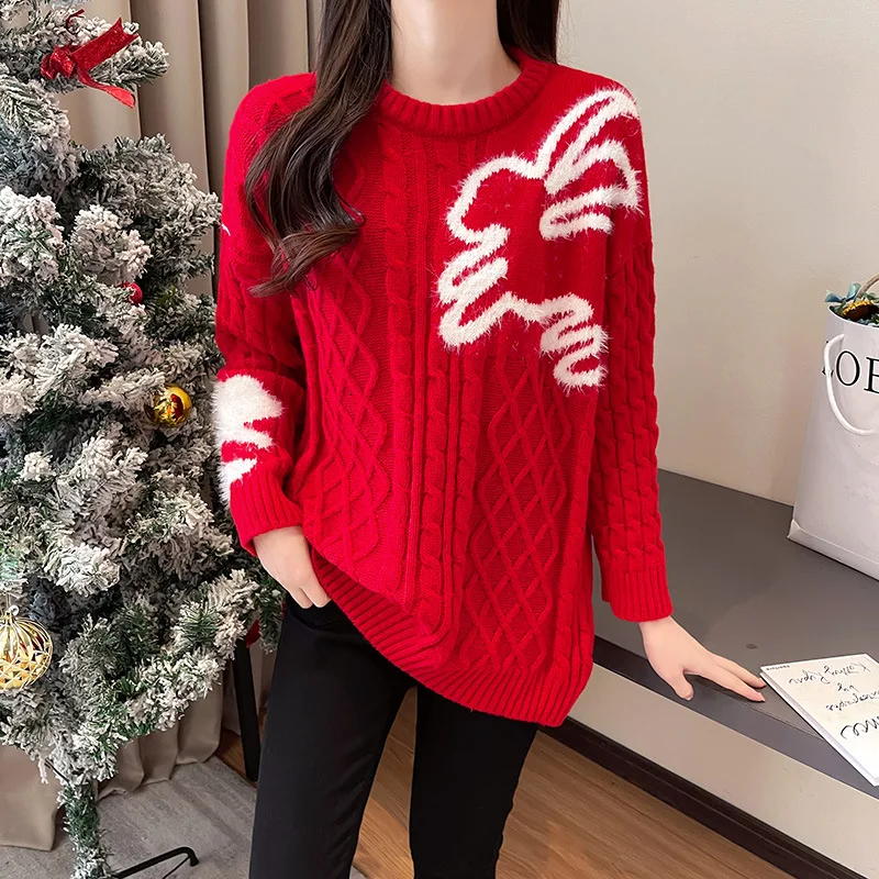 

Solid Knitted Round Collar Sweater for Women Warm Long Sleeved Elegant Lady Knitwear Loose Thick Casual Street Jumper Tops T958