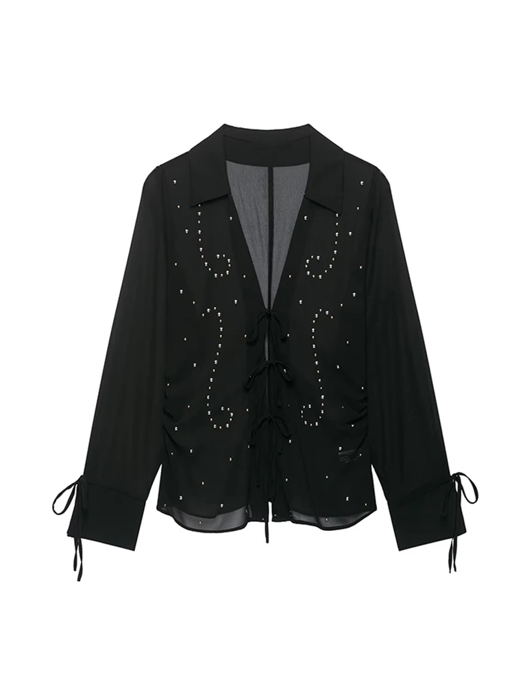 TFMLN New Women's Studded Semi-Sheer Shirt 2026 Summer V-Neck Long Sleeve with Bow Lace Up Fashion Blouses Sexy Female Tops