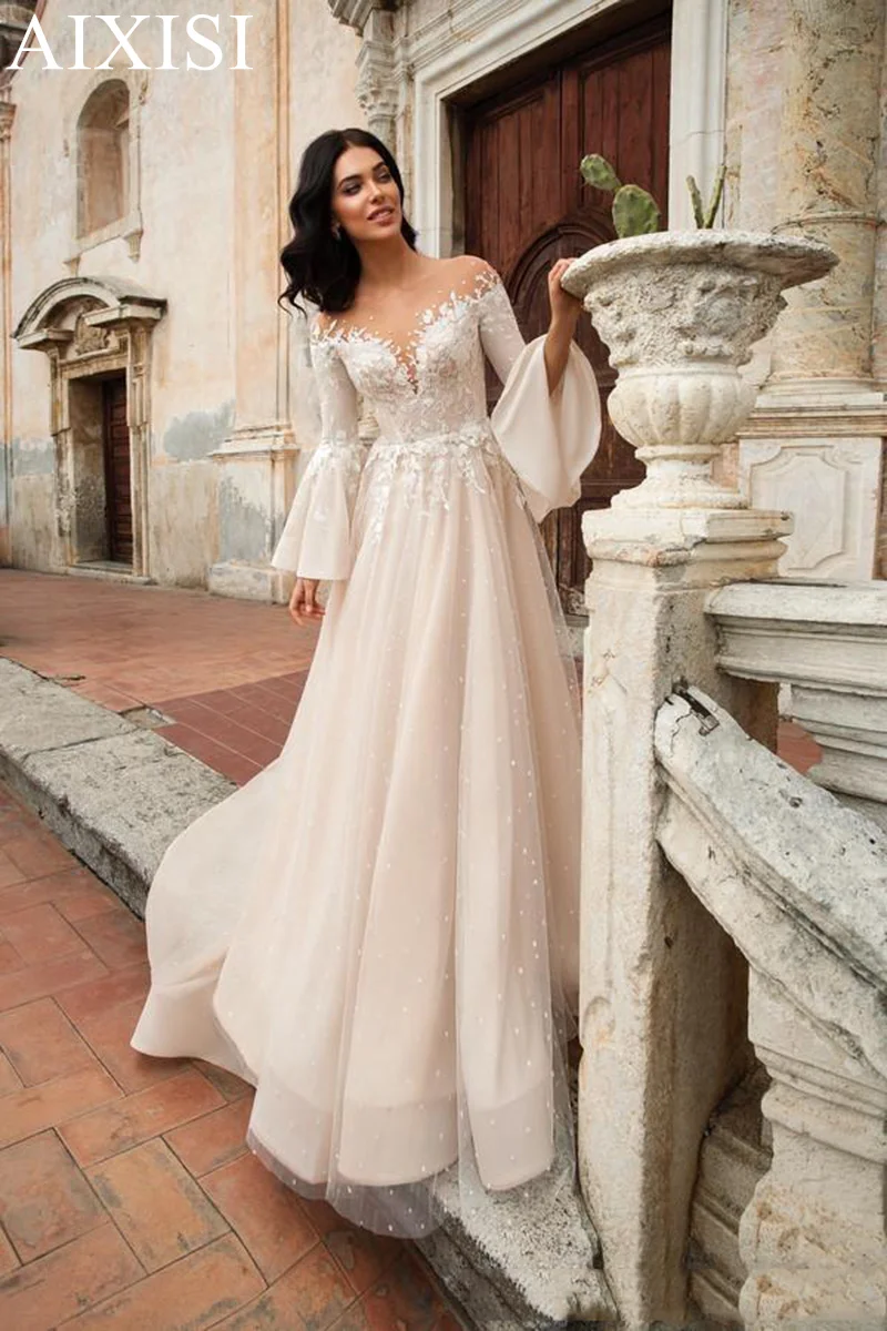 

Elegant Wedding Dresses Appliques Woman Robe de mariee Vestidos De Novia Full Flare Sleeve V Neck vestido feminino